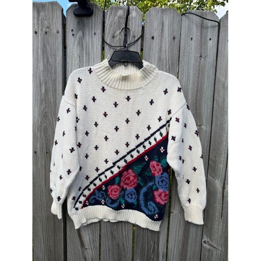 Vintage J. Christopher Sweater Women Medium Cream Floral Rose Hand Knit Mock